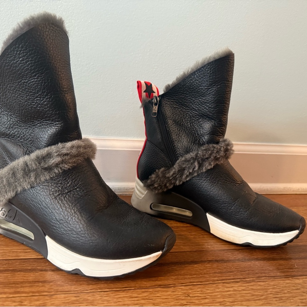 Ash Black and Gray Winter Boots with Red Accent